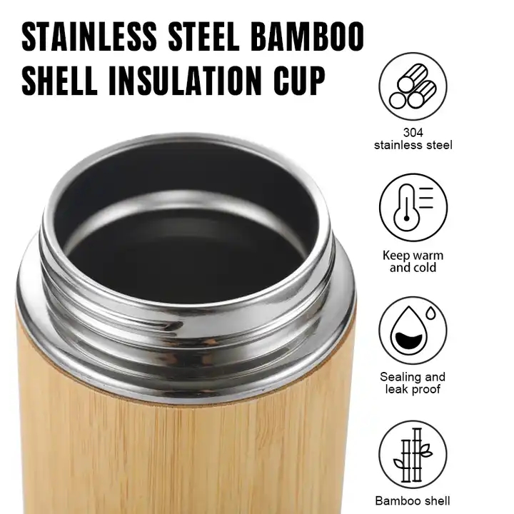 customize water bottle double wall coffee mug vacuum thermos stainless steel tumbler cups with bamboo XR-44