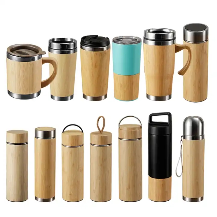 customize water bottle double wall coffee mug vacuum thermos stainless steel tumbler cups with bamboo XR-44