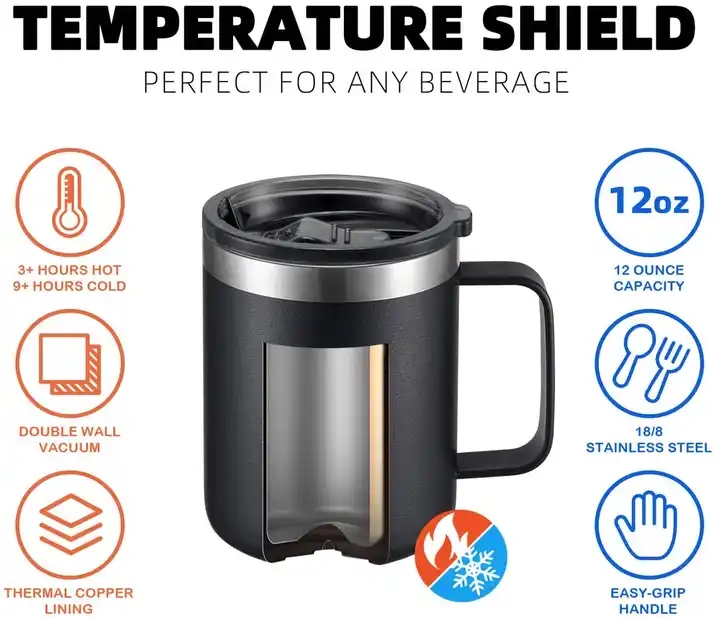 12 oz 14 oz stainless steel insulated vacuum custom logo thermo mug coffee camping travel coffee mug tumbler with handle and lid  KY-36