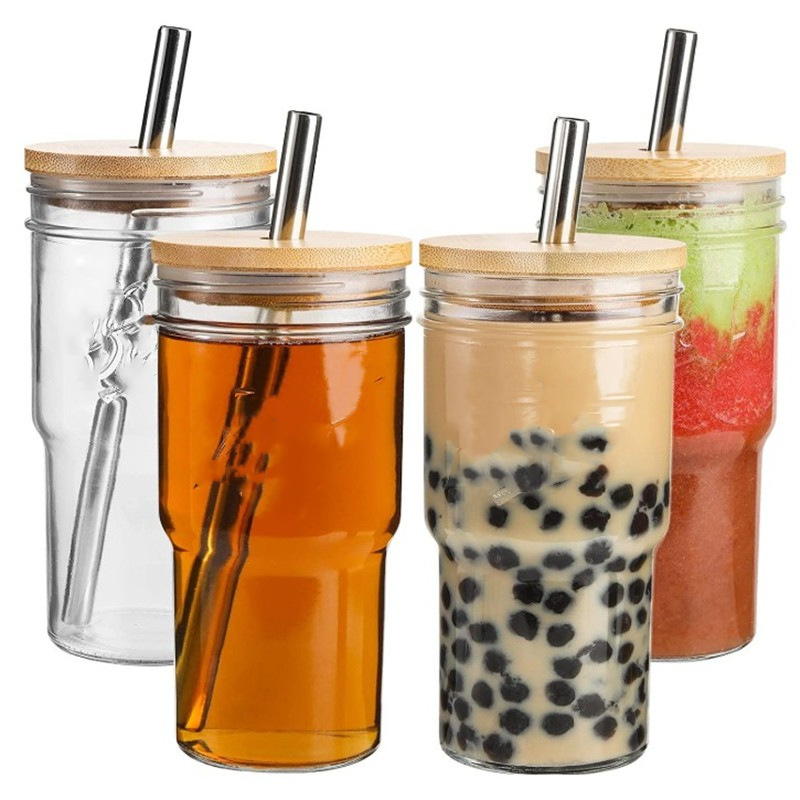 Gelas bening, minuman dingin, botol jus gelas, cangkir susu sedotan, gelas dengan penutup kayu MT-8.8