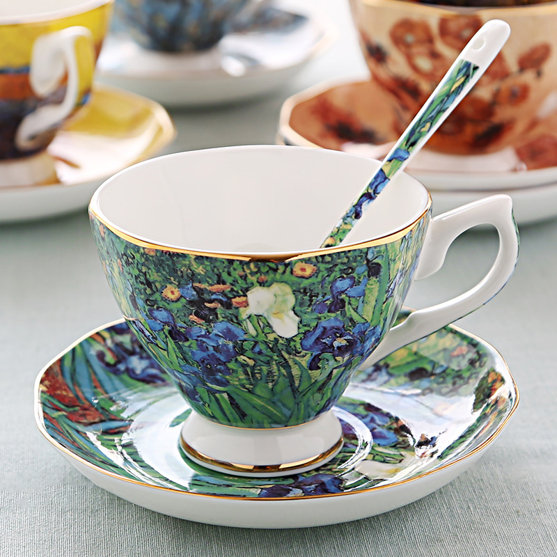 English light luxury dish spoon afternoon teacup Van Gogh oil painting bone China coffee cup Creative gift ceramic cup TS-82