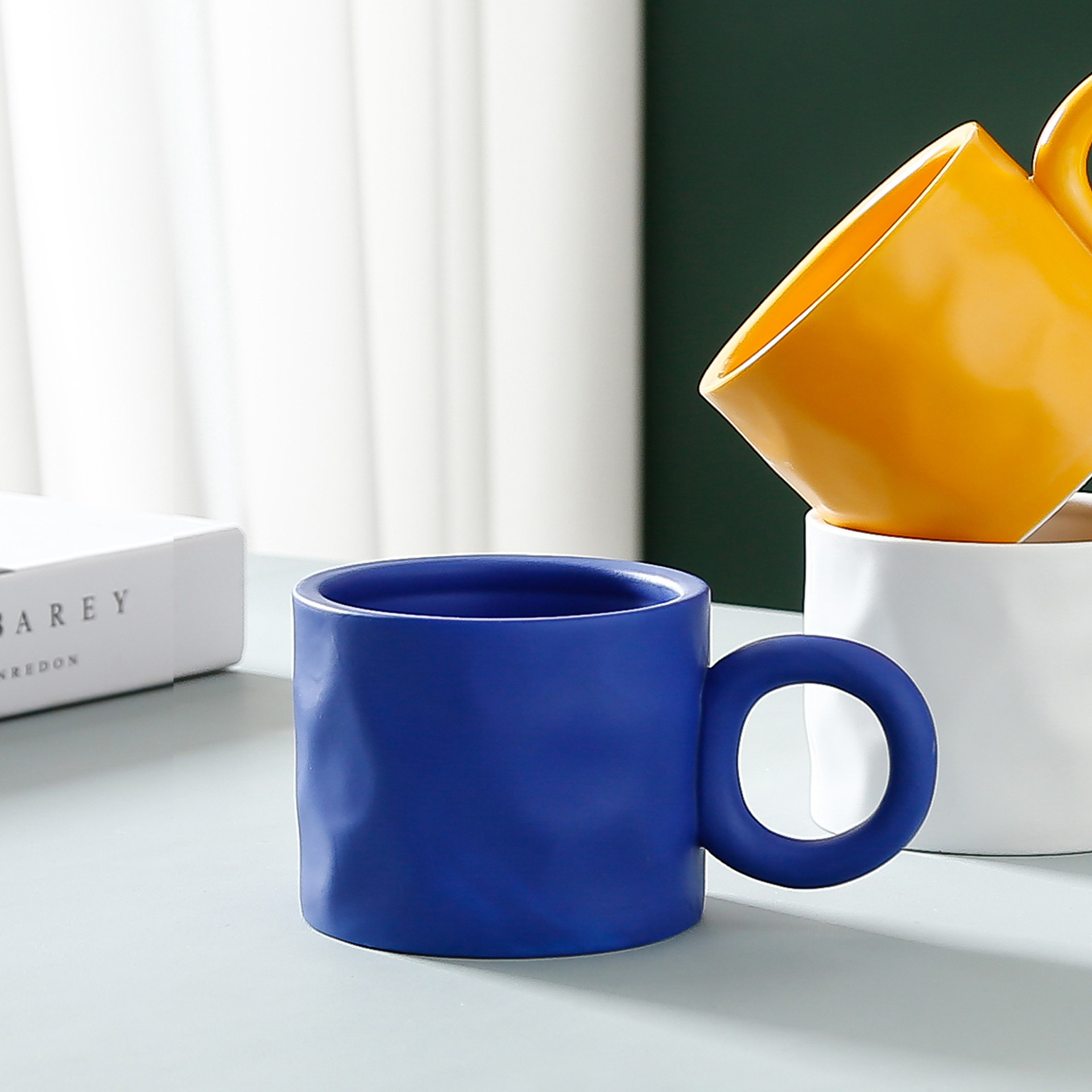 Nordic splash-ink blue hand pinch big ear mug large capacity simple coffee mug ins Korean cup BS-28