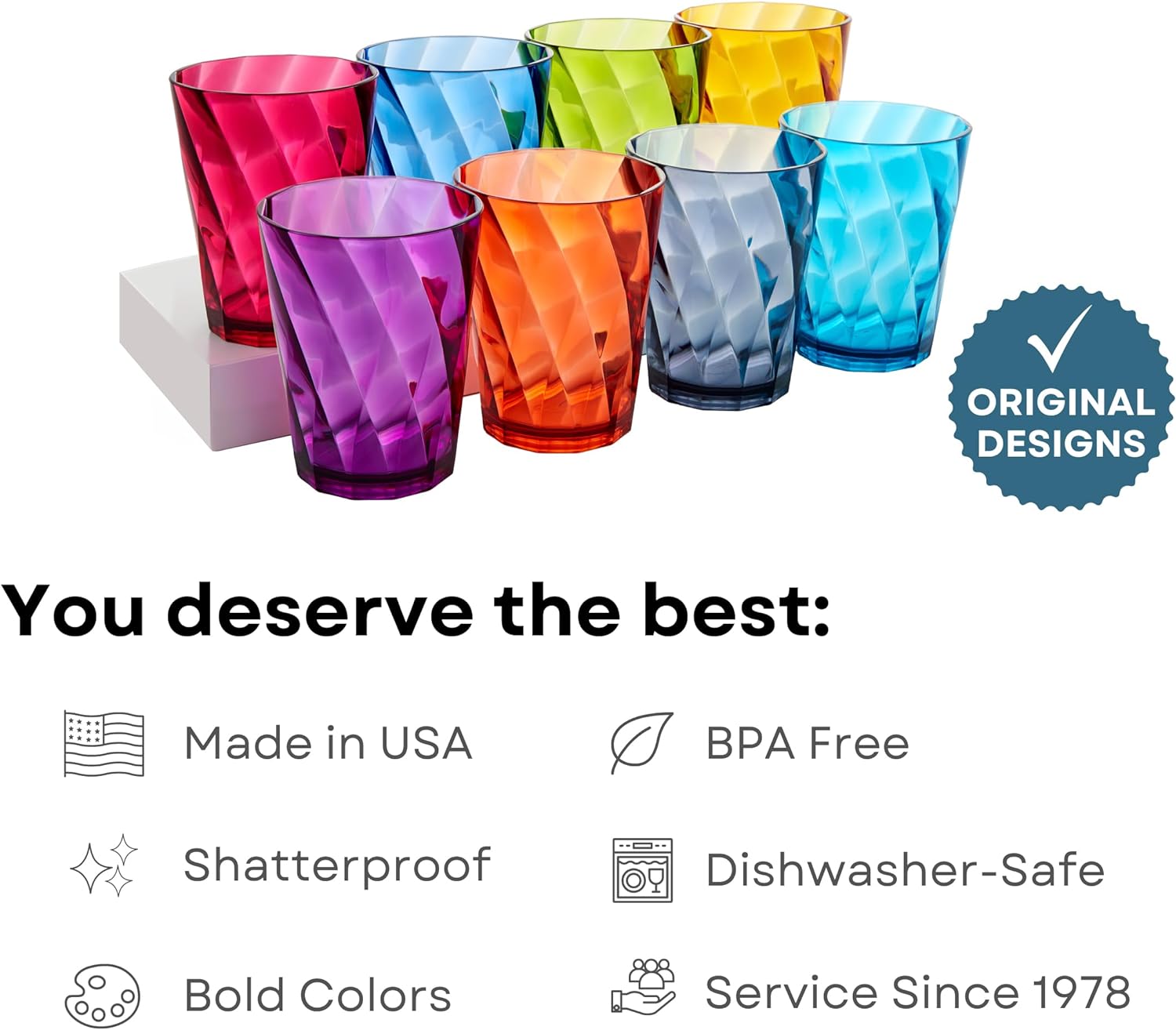  Acrylic Optix Plastic Reusable Drinking Glasses (Set of 8) 20oz Water Cups in Jewel Tone Colors | BPA-Free Tumblers, Made in USA | Top-Rack Dishwasher Safe