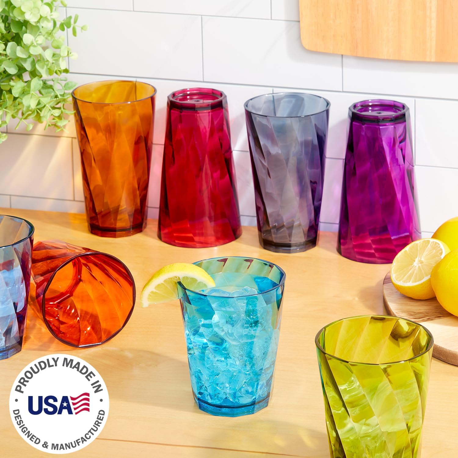  Acrylic Optix Plastic Reusable Drinking Glasses (Set of 8) 20oz Water Cups in Jewel Tone Colors | BPA-Free Tumblers, Made in USA | Top-Rack Dishwasher Safe