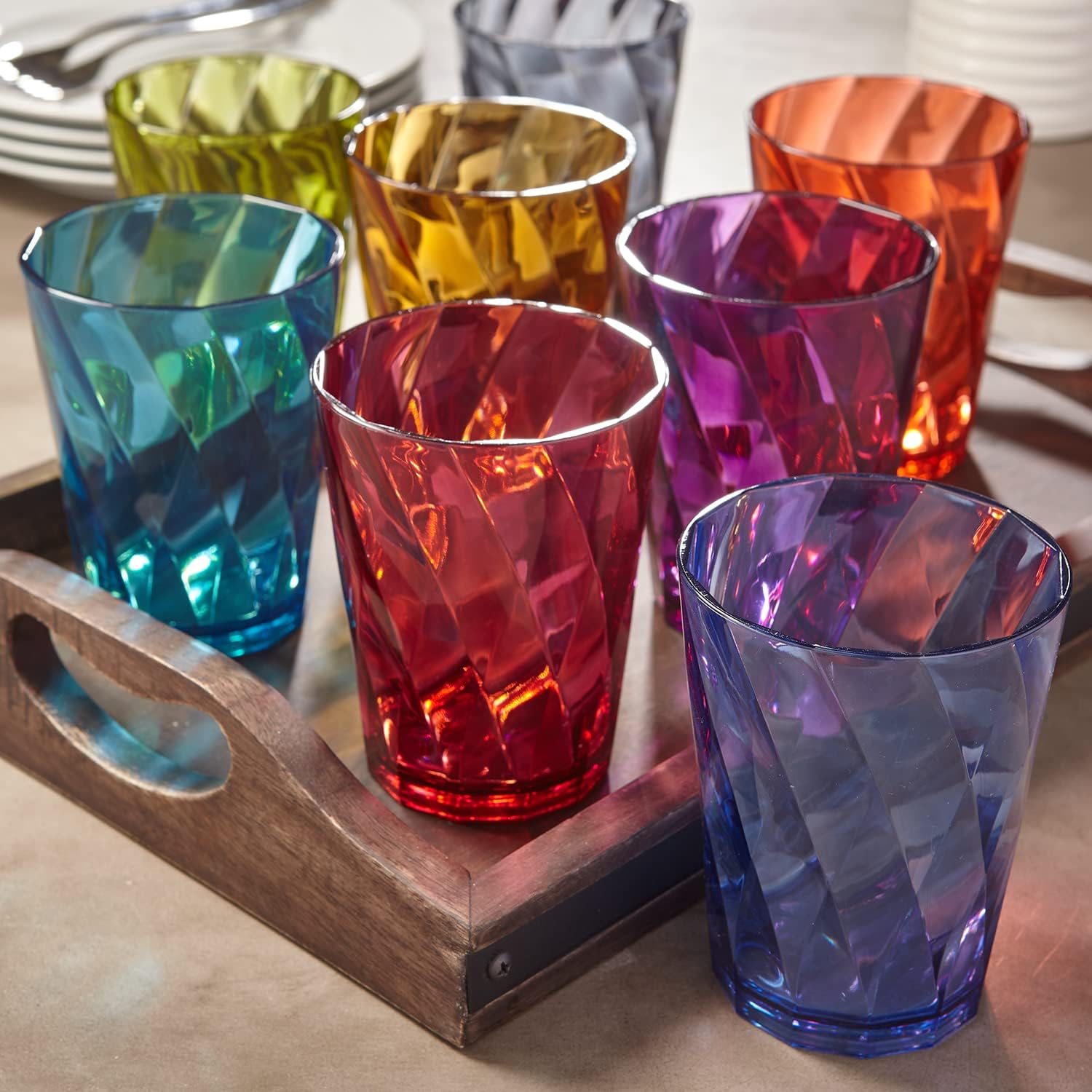  Acrylic Optix Plastic Reusable Drinking Glasses (Set of 8) 20oz Water Cups in Jewel Tone Colors | BPA-Free Tumblers, Made in USA | Top-Rack Dishwasher Safe