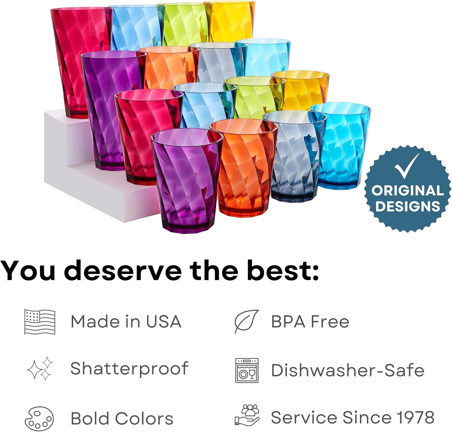  Acrylic Optix Plastic Reusable Drinking Glasses (Set of 8) 20oz Water Cups in Jewel Tone Colors | BPA-Free Tumblers, Made in USA | Top-Rack Dishwasher Safe