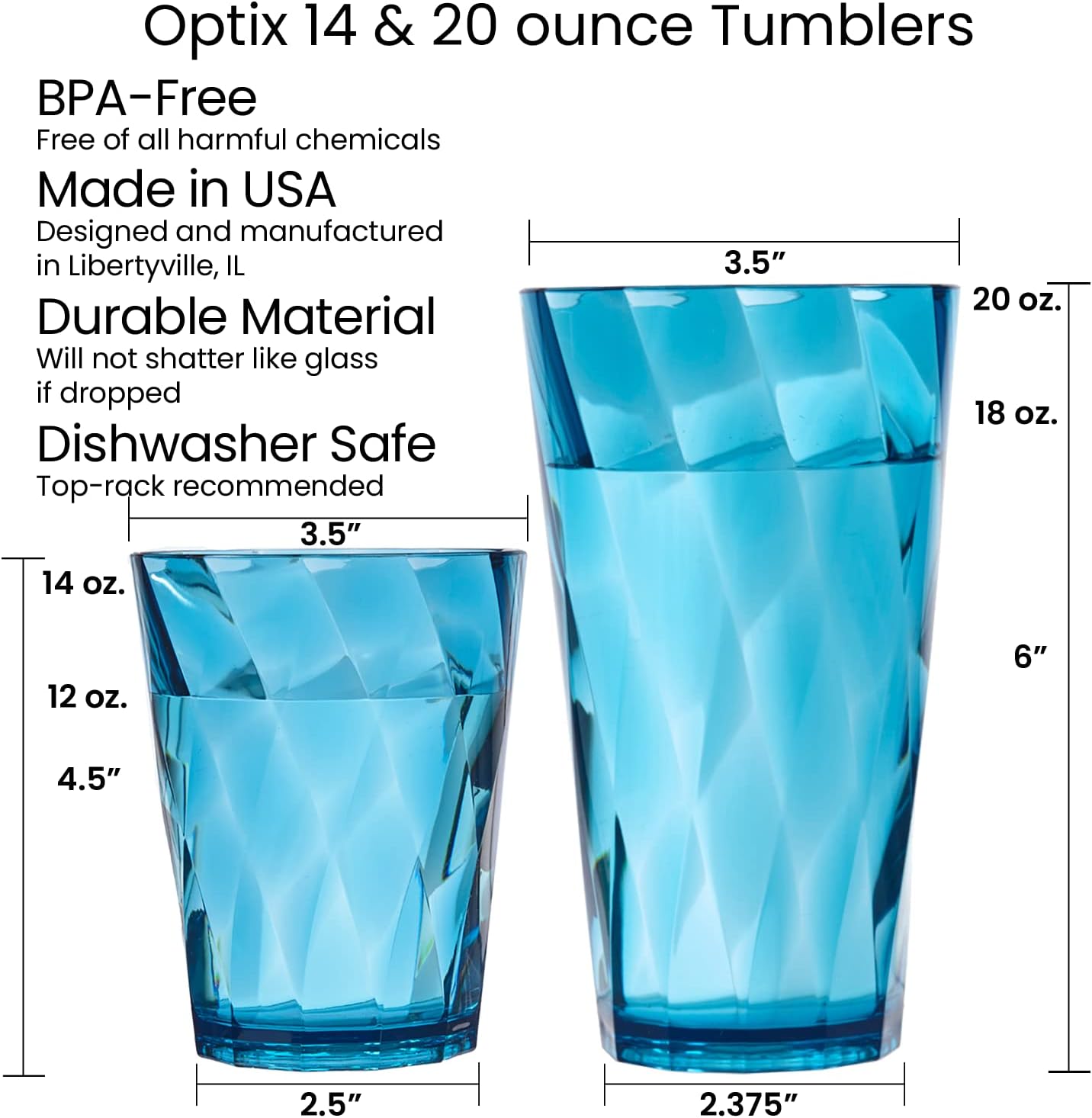  Acrylic Optix Plastic Reusable Drinking Glasses (Set of 8) 20oz Water Cups in Jewel Tone Colors | BPA-Free Tumblers, Made in USA | Top-Rack Dishwasher Safe