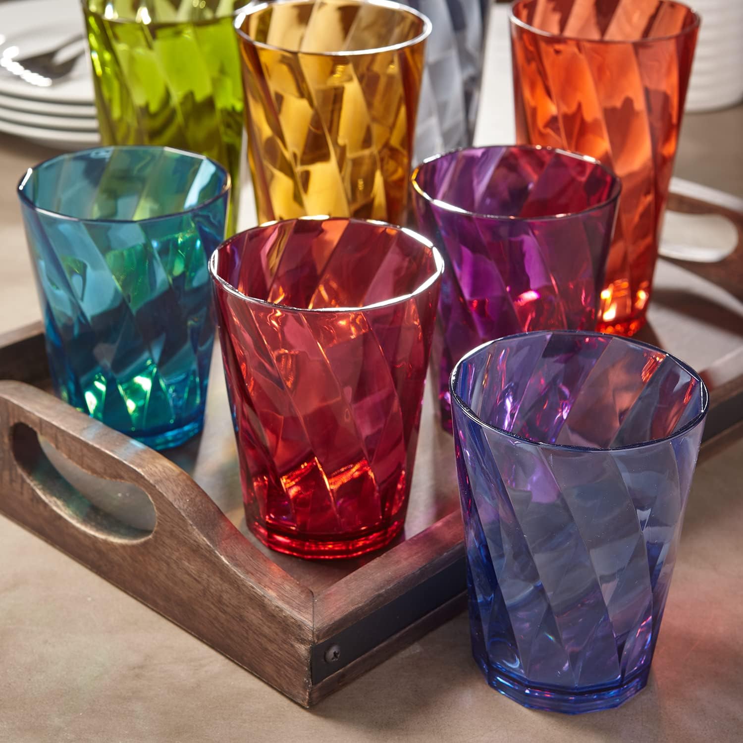  Acrylic Optix Plastic Reusable Drinking Glasses (Set of 8) 20oz Water Cups in Jewel Tone Colors | BPA-Free Tumblers, Made in USA | Top-Rack Dishwasher Safe