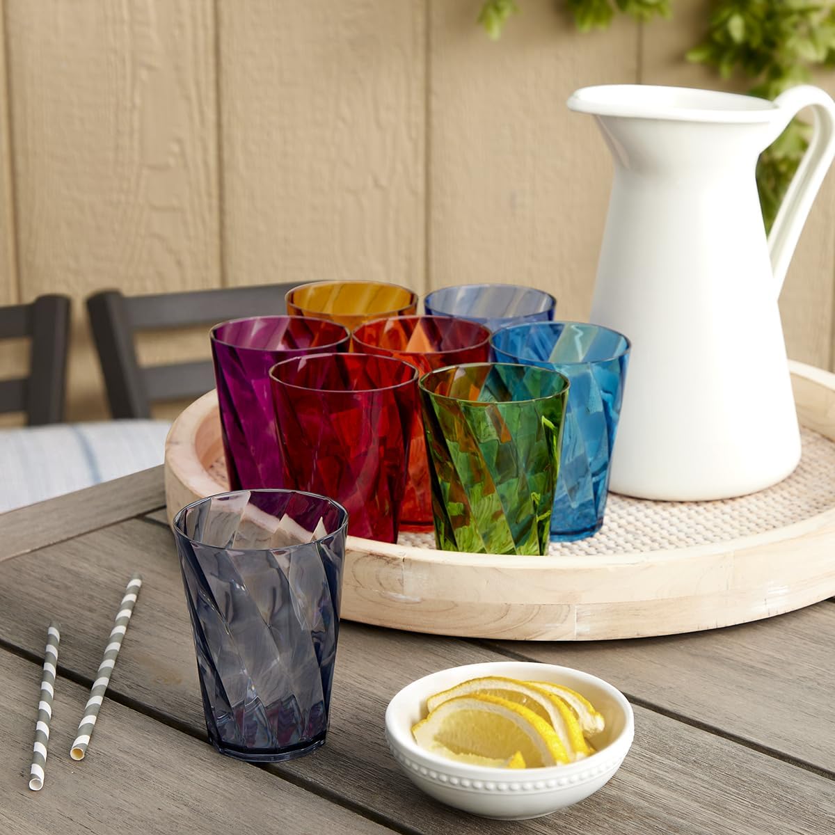  Acrylic Optix Plastic Reusable Drinking Glasses (Set of 8) 20oz Water Cups in Jewel Tone Colors | BPA-Free Tumblers, Made in USA | Top-Rack Dishwasher Safe