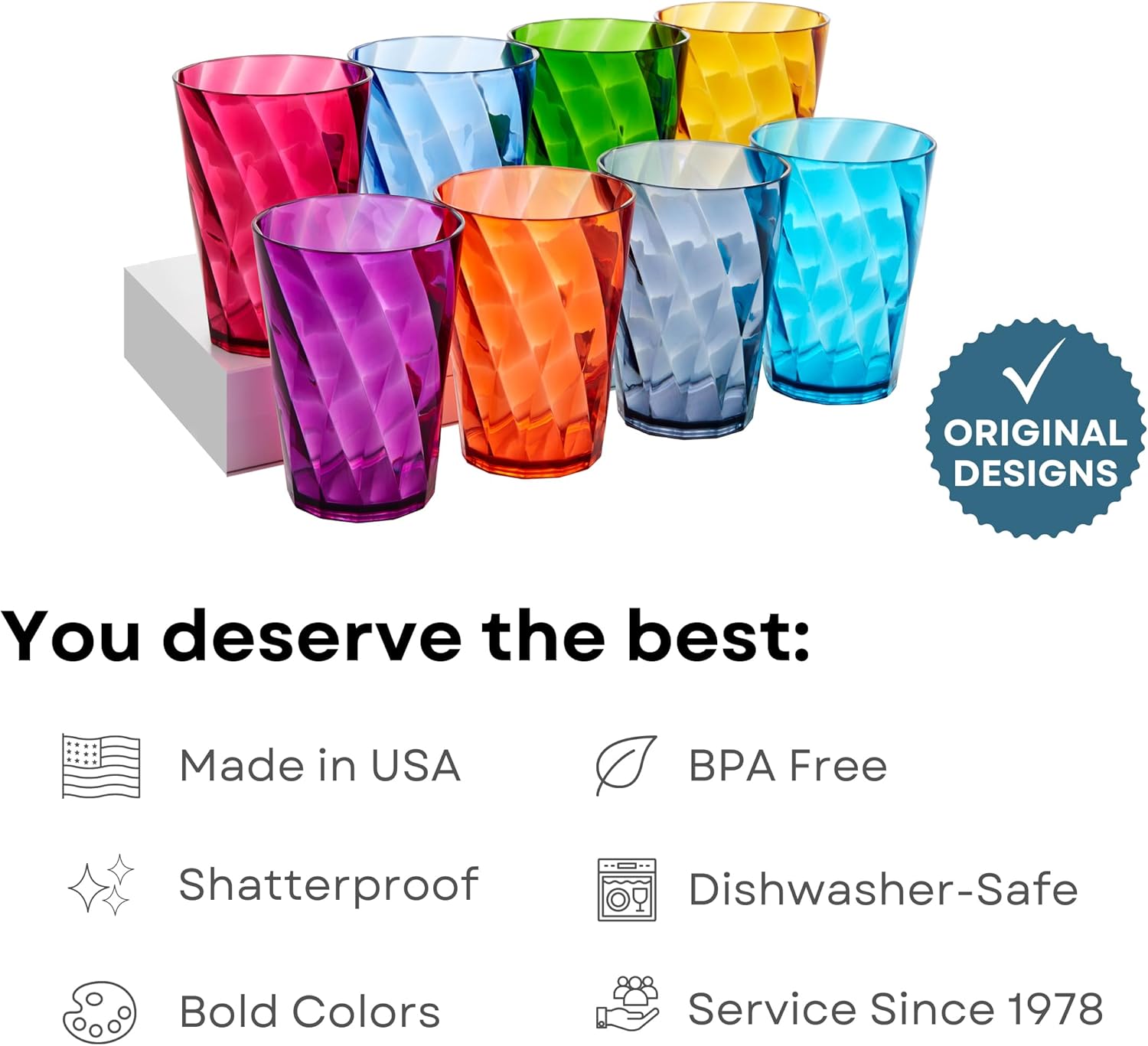  Acrylic Optix Plastic Reusable Drinking Glasses (Set of 8) 20oz Water Cups in Jewel Tone Colors | BPA-Free Tumblers, Made in USA | Top-Rack Dishwasher Safe