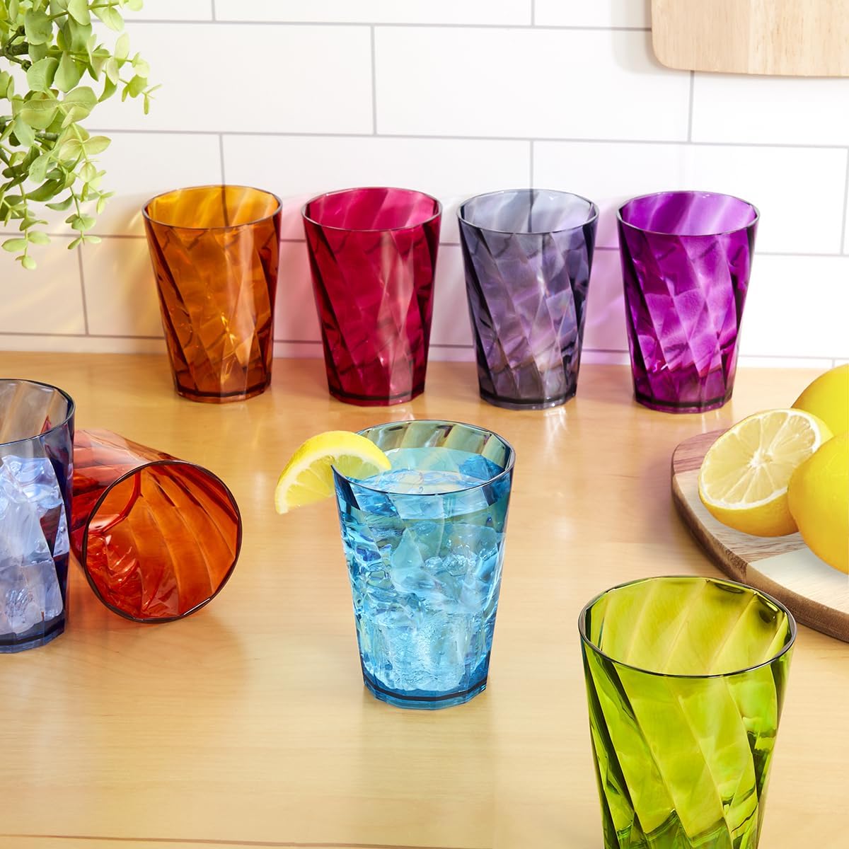  Acrylic Optix Plastic Reusable Drinking Glasses (Set of 8) 20oz Water Cups in Jewel Tone Colors | BPA-Free Tumblers, Made in USA | Top-Rack Dishwasher Safe