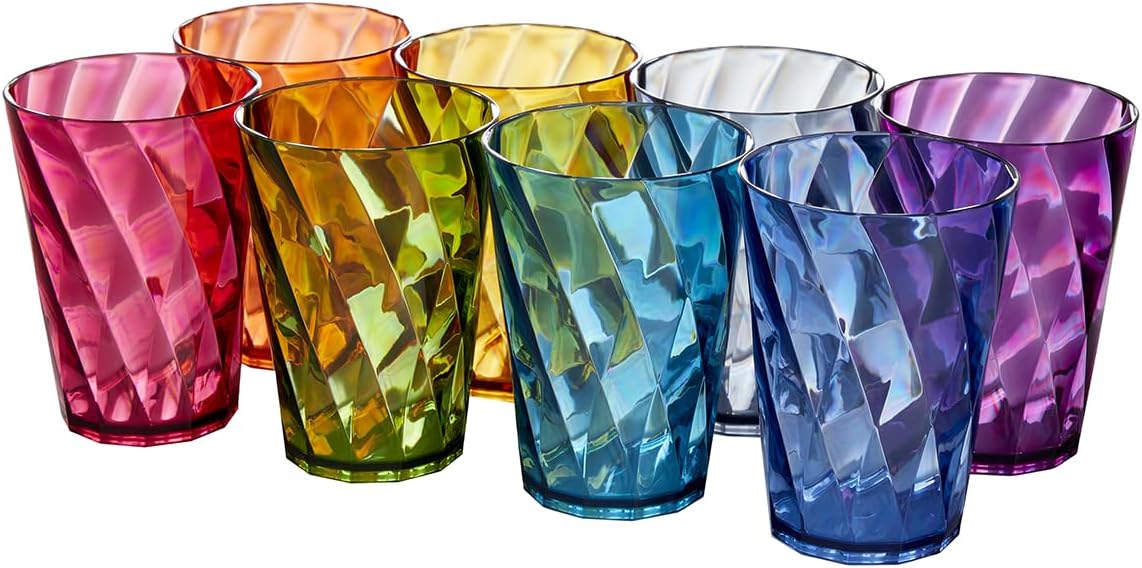  Acrylic Optix Plastic Reusable Drinking Glasses (Set of 8) 20oz Water Cups in Jewel Tone Colors | BPA-Free Tumblers, Made in USA | Top-Rack Dishwasher Safe